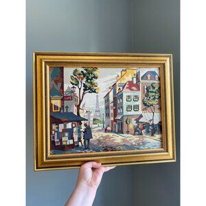 Vintage Paint By Number Suburb De Paris Framed Canvas Eiffel Tower Cafe Scene Mi